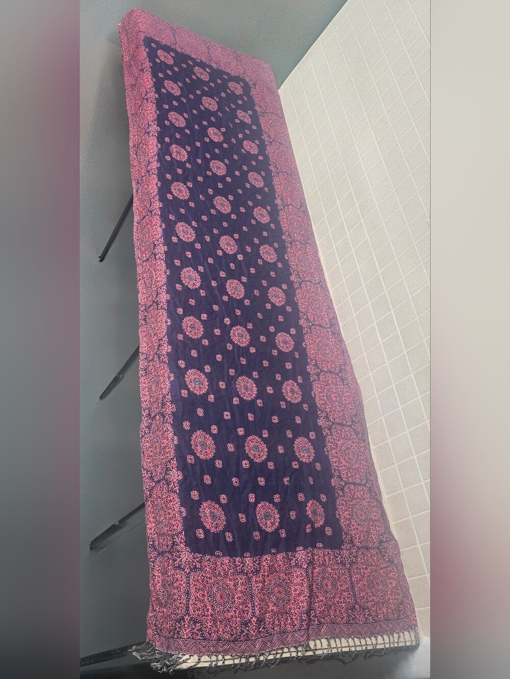 Jerusalem Oversized Boho Fringe Shawl Wrap Scarf Navy Pink Medallion 64x24